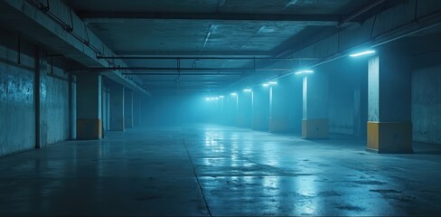 Empty concrete parking lot interior. Blue neon lights illuminate space. Industrial background, underground construction, grunge urban mood. Dramatic lighting, space for text, modern design, industry.