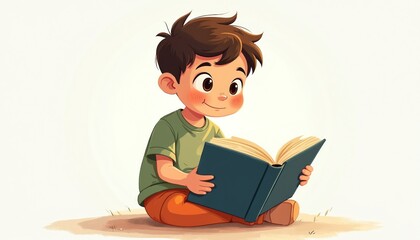 Cheerful boy enjoys reading book. Illustration of child studying at home. Education concept. Pupil read, learn in library, classroom. Happy kid, student. Back to school theme, children literature,