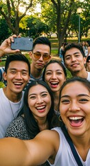 Photo of Group of Diverse Young Adults Smiling Taking a Selfie Outdoors with Joy