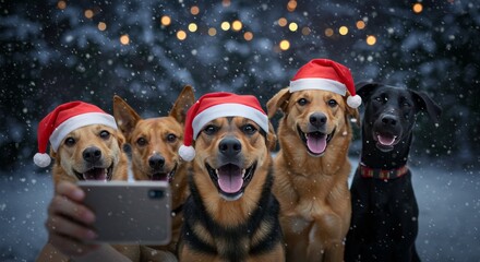 Photo of Group of Happy Dogs Wearing Santa Hats Taking a Selfie in Snowfall