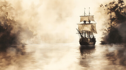 Fototapeta premium Watercolor painting of a ship on a foggy river in light brown and black colors. Abstract watercolor background.