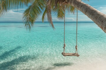 Secluded beach view with a swing hanging from a palm tree over turquoise water. Perfect tropical escape