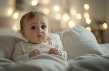 Sad little baby girl is lying in bed at home or hospital