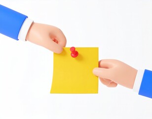 Obraz premium Cartoon Hands Exchanging a Yellow Sticky Note with Pin: Playful 3D Illustration