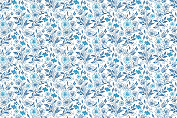 abstract floral line art in blue, seamless cotton textile print, fashion fabric repeat, wrapping and kitchen textile design

