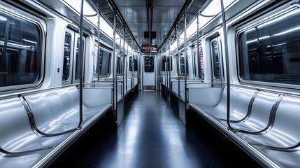Obraz premium Empty subway car interior with polished metal seats.