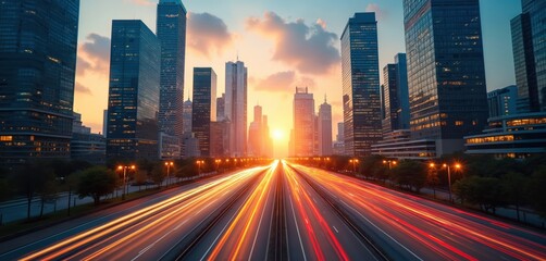 Obraz premium Cityscape skyline with office buildings. Multiple exposure of exteriors reflecting business atmosphere in ever-changing world. Fast-paced movement, economic growth. Abstract concept modern tech,