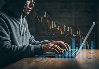 Photo of Hacker in Gray Hoodie Working On Laptop with Data Overlay