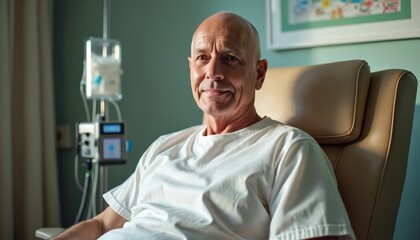Portrait of senior man undergoing chemotherapy treatment in clinic. Bald patient in white shirt during cancer treatment. Prostate cancer awareness, healthcare concept. Oncology, medicine, medical.