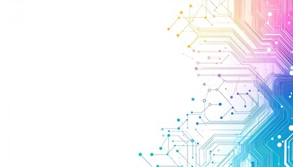 Abstract technology A rainbow circuit board overlayed on white, with nodes and connecting lines