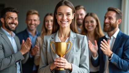 Successful businesswoman holds gold trophy with team applauding in office. Colleagues congratulate leader on award, showing teamwork, corporate success. Happy winner celebrating victory, achieving