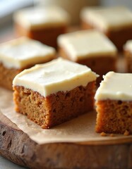 Carrot bars with cream cheese frosting, sweet dessert pieces. Square slices of baked pastry served on rustic wooden board. Delicious homemade meal, snack at breakfast or lunch time. Food photography.