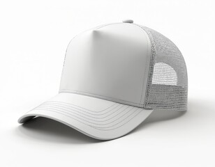 White trucker cap hat mockup. Blank baseball headwear template for design. Trucker hat isolated on white background. Fashionable, casual accessory with mesh panel, adjustable strap for advertising,
