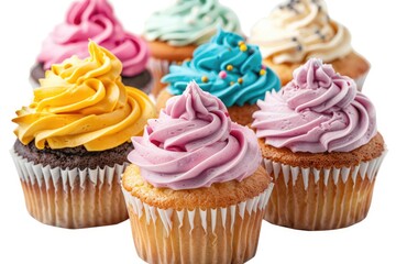 Colorful cupcakes with swirls of frosting.