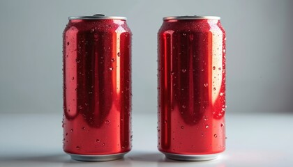Two shiny red soda cans with condensation, standing side by side. Cold beverages, water drops create aesthetic look. Refreshing drink for hot summer weather.