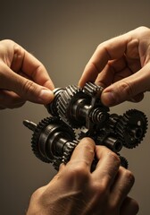 Photo of Hands Assembling Metal Gears Demonstrating Mechanical Engineering