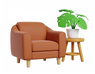 Rustic Armchair with Monstera Plant: A Cozy, 3D Rendered Scene