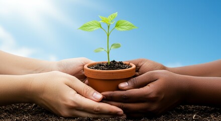 Photo of Hands Holding a Growing Plant Pot Against a Clear Blue Sky