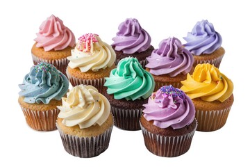 Assorted cupcakes with colorful frosting and sprinkles.