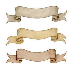 Set of Three Brown Watercolor Banners for Text or Emblems on White Background