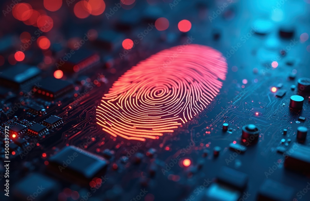 Aufkleber Biometric fingerprint scanner on circuit board. Digital security system for data protection. Finger scan recognition for identity access. Futuristic tech, digital security, password protection.