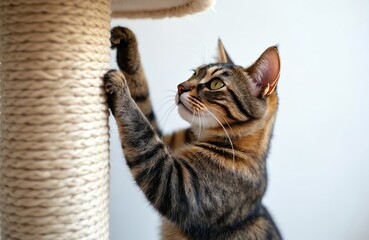 Tabby cat sharpens claws on white scratching post. Cute pet animal at home. Domestic kitten playful, resting. Furry cat looking up. Striped grey, brown fur. Indoor.