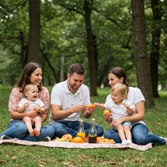 Fototapeta premium Photo of Happy Family Picnic Day in a Park with Children and Orange Drinks