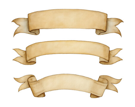 Watercolor Vintage Ribbon Banners Set on Isolated White Background For Decoration Ornament Frames
