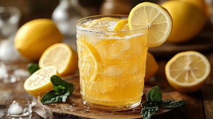 Fototapeta premium Refreshing citrus drink with ice, lemon slices, and mint on wooden coaster