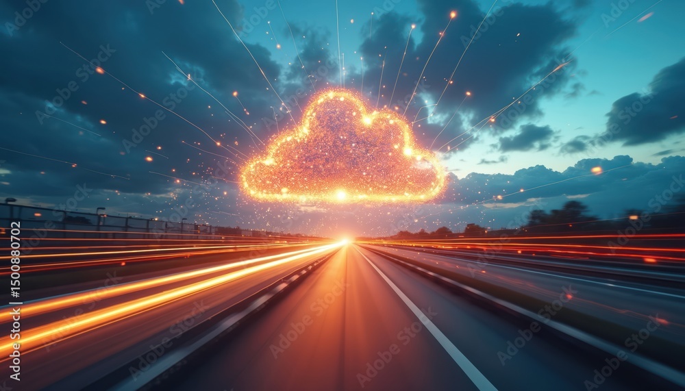 Poster futuristic tech illustration shows cloud computing concept. abstract high speed technology, pov moti