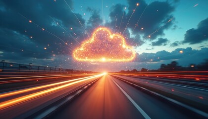 Futuristic tech illustration shows cloud computing concept. Abstract high speed technology, POV motion blur over highway. Digital cloud connected with lines, cyberspace, business, network, data