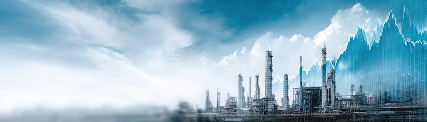 Fototapeta premium Refinery silhouette drive petroleum supply and global forecast concept. Industrial landscape with factory structures and cloudy sky.