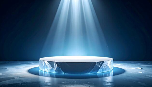 Illuminated Circular Podium with Ice Effect on Dark Blue Background