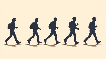 Obraz premium Silhouetted figures wearing backpacks walk in line