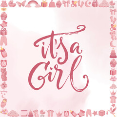 It's a girl square frame with pink baby elements Baby shower
