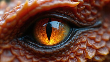 Intense close-up of a dragon eye. Detailed illustration shows a reptilian creature with vibrant colors. Focus on the iris, scales. Fantasy art ideal for games, posters. Mythical legend, imaginative.