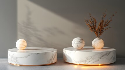 Fototapeta premium Two round marble platforms with decorative objects.