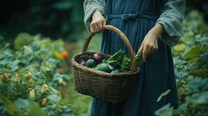 A person is harvesting vegetables in a lush garden.
