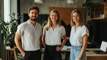A diverse group of four professionals stands together in a modern office setting.