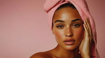 A contemplative young woman poses against a soft pink background, resting her chin on her hand.