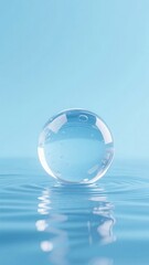 A clear glass sphere resting on a water surface with ripples