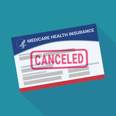American health insurance card "Medicare" with a red stamp mark "CANCELED" in flat design style on a blue background with long shadow