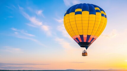 Naklejka premium Yellow and Blue Hot Air Balloon Soaring at Sunset