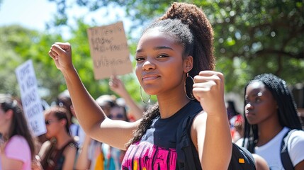 Two young women participate in a lively protest, raising their fists in solidarity.
