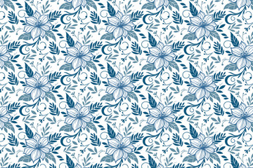 seamless blue botanical sketch pattern, cotton flower line design, textile surface artwork for fashion, kitchen and tableware

