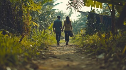 A couple walks hand-in-hand along a stone path through lush green grass, smiling and enjoying each other's company.
