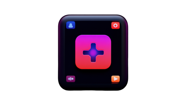 Square app icon, vibrant colors, plus sign, social media elements