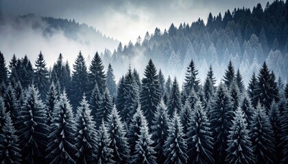 Fototapeta premium Snowy evergreen trees densely cover a hillside in cold foggy winter scene.