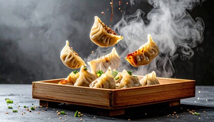 Delicious dumplings are levitating over a wooden tray with steam and sauce.