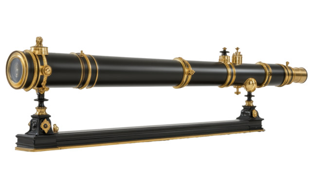 Ornate black telescope with gold trim on stand